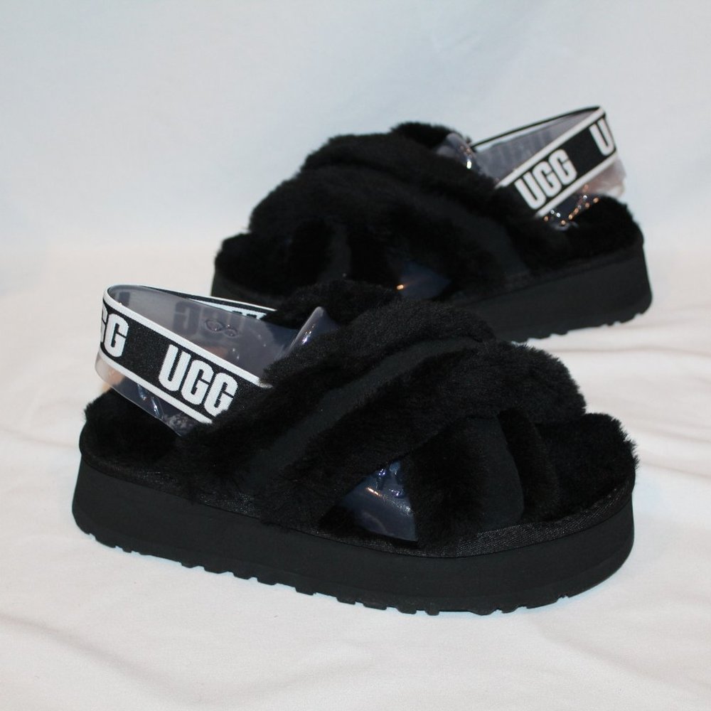 NIB UGG CRISS CROSS PLATFORM SHEARLING SLIDE SLIPPER SANDALS BLACK WHITE 8